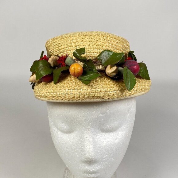 Vintage Ladies Straw Boater Hat Millinery Faux Fruit Greenery Band Cottagecore main image 4